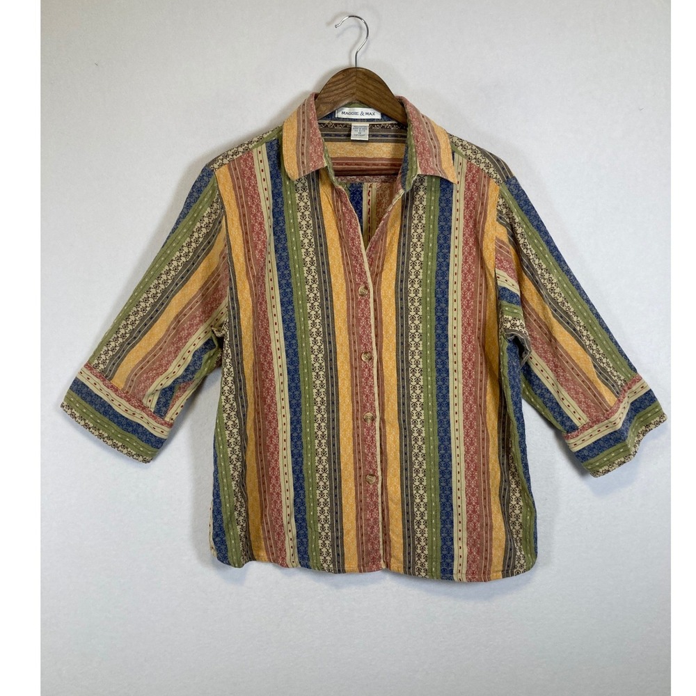Earthy Boho Stripe Maggie & Max‎ 1X Multicolor Textured Cotton Button Down Shirt